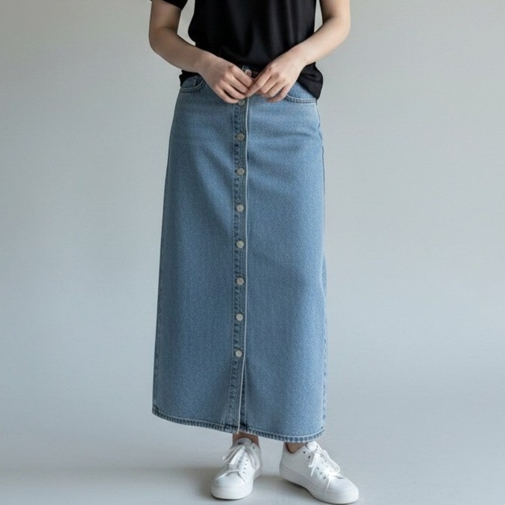 Womens Long Low Rise Denim Skirt Rafella Sport Size 12 Vintage Y2K Button Front